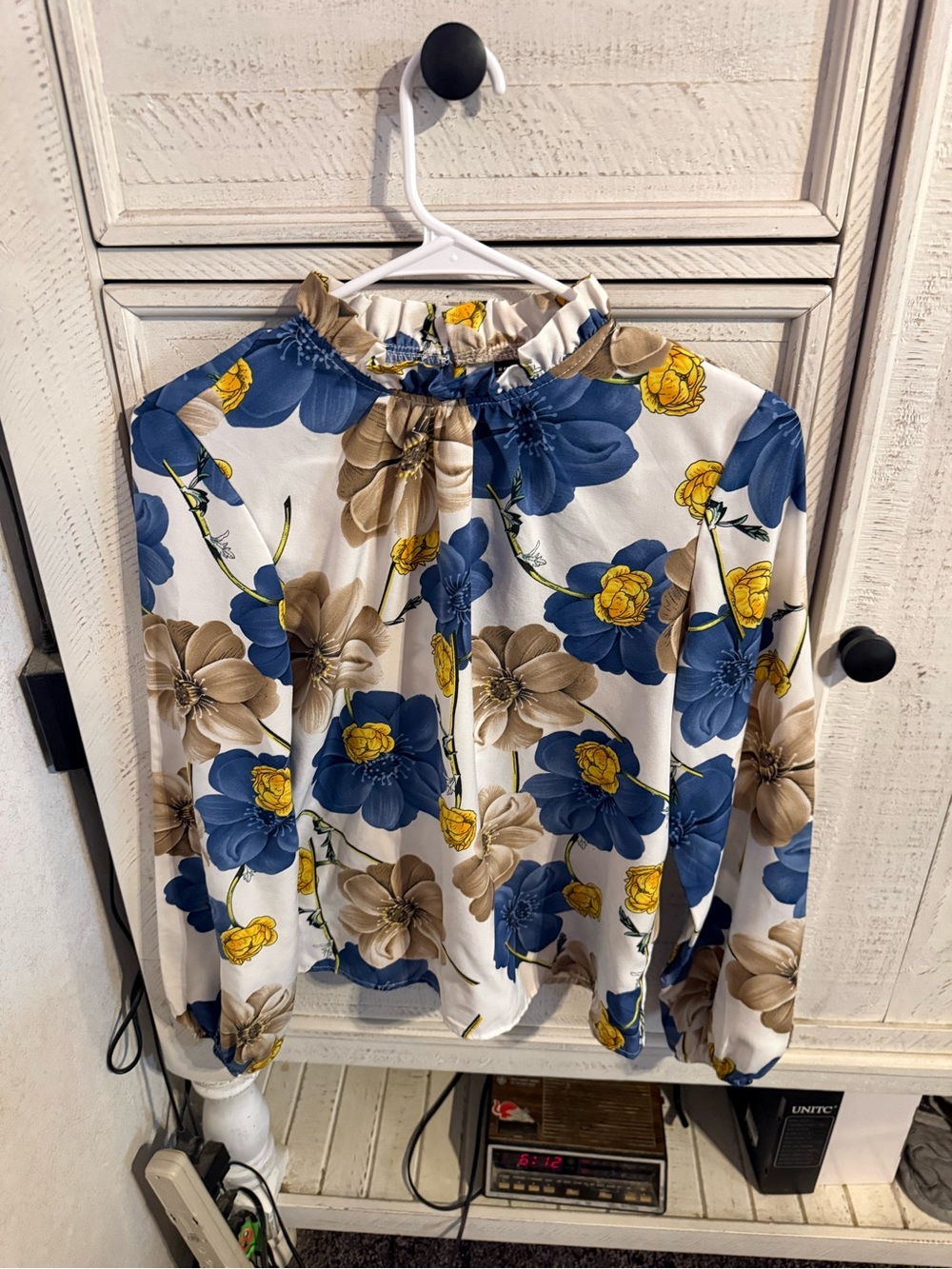 SHEIN Blue, Yellow & Tan Floral Ruffle-Neck Blouse